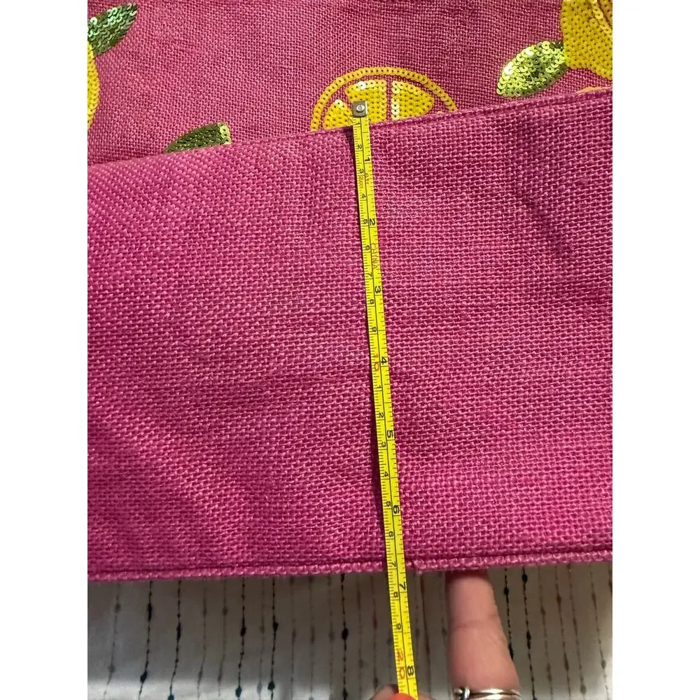 NWOT Mud Pie Sequin Lemon Water Resistant Pink Tote Beach Bag Purse Fruit Woven